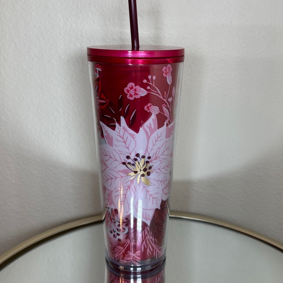New Starbucks 2022 Holiday Red Poinsettia Marble Enchanted Forest Floral Tumbler